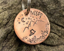 Load image into Gallery viewer, Mountain dog tag, hand-stamped with river, tent and stars