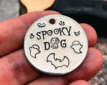 Load image into Gallery viewer, hand hammmered dog id tag with spooky dog design