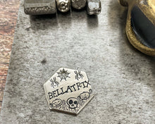 Load image into Gallery viewer, Halloween hexagon dog tag, hand stamped small pet id tag with skull and cobweb design