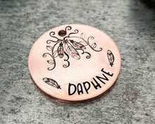 Load image into Gallery viewer, Boho dog tag, hand stamped pet id tag with feather design