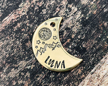 Load image into Gallery viewer, Moon dog tag, hand-stamped with mountains, moon & stars