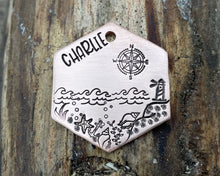 Load image into Gallery viewer, Hexagon dog tag, hand stamped with nautical design, compass & lighthouse