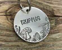 Load image into Gallery viewer, Fall dog tag, hand stamped with mushrooms, leaves and pine cone