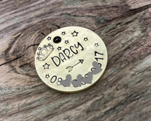 Load image into Gallery viewer, Microchipped dog tag, hand stamped with crown and phone number