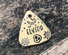 Load image into Gallery viewer, Spooky guitar pick dog id tag, hand stamped with bats, skull and cobwebs
