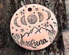Load image into Gallery viewer, Moon dog tag, hand stamped metal dog id with moon phase and mountain design