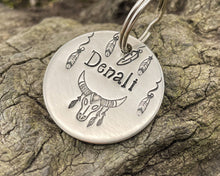 Load image into Gallery viewer, Boho dog tag, hand stamped with longhorn and feathers