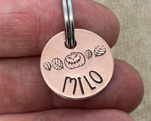 Load image into Gallery viewer, Halloween cat name tag, hand stamped spooky pumpkin and leaves