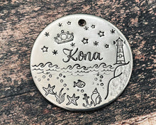 Load image into Gallery viewer, large ocean dog id tag with lighthouse