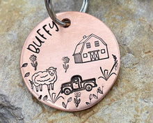 Load image into Gallery viewer, Dog id tag, hand stamped with sheep, pickup truck and barn shed