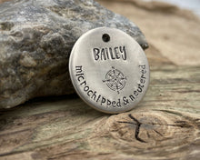 Load image into Gallery viewer, 'Microchipped' Dog id tag, hand stamped with compass & phone numbers