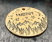 Load image into Gallery viewer, Large pet id tag, hand stamped with trees, mountains, moon & stars
