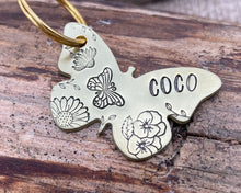 Load image into Gallery viewer, Daisy dog id tag, butterfly shaped pet tag, hand stamped with flowers