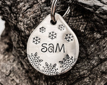 Load image into Gallery viewer, Christmas dog tag, tear drop pet id tag with snowflake design, up to 2 phone numbers