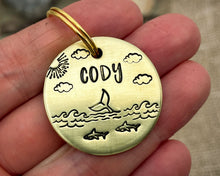 Load image into Gallery viewer, Dog id tag, hand stamped with ocean design, whale & sharks