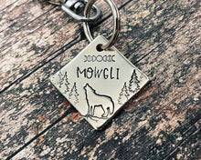 Load image into Gallery viewer, Square dog id tag, small pet tag hand stamped with howling wolf and trees