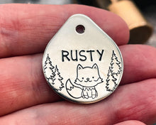 Load image into Gallery viewer, Cute foxdog tag, tear drop pet id tag with trees and fox design, double-sided dog tag with 2 phone numbers