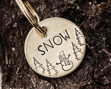 Load image into Gallery viewer, Christmas dog tag, small pet tag with snowman and trees
