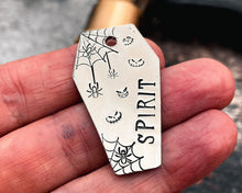 Load image into Gallery viewer, Coffin dog id tag with spooky spiderweb design, double-sided pet id tag with 2 phone numbers