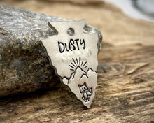 Load image into Gallery viewer, Arrow head dog tag with mountain range, sunrise & cute fox