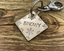Load image into Gallery viewer, Christmas dog id tag, square pet tag hand stamped with snowflake design