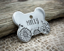 Load image into Gallery viewer, Bone dog id tag, handstamped with flowers