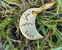 Load image into Gallery viewer, Moon cat tag, mini moon pet id tag with mountain and star design