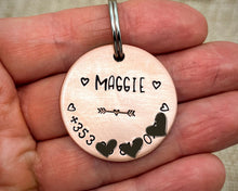 Load image into Gallery viewer, Dog id tag, hand stamped with phone number & hearts