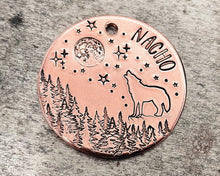 Load image into Gallery viewer, Wolf dog id tag with moon and stars, adventure pet id tag, double-sided pet tag with up to 2 phone numbers