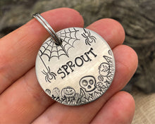 Load image into Gallery viewer, Spooky dog tag with cobwebs, spiders and pumpkins
