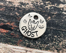 Load image into Gallery viewer, Personalized Halloween cat name tag, hand stamped cat tag with spooky ghost design, 1 phone number
