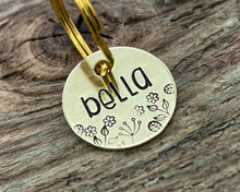 Load image into Gallery viewer, Cute cat name tag, hand stamped leaf and flower design