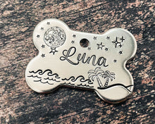 Load image into Gallery viewer, Bone dog id tag with moon and stars, handstamped pet id tag with up to 2 phone numbers or microchipped