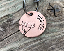 Load image into Gallery viewer, Small dog id tag, hand stamped with wolf head