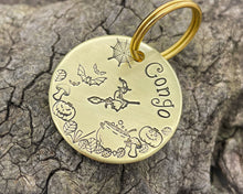 Load image into Gallery viewer, Halloween dog tag with cobwebs and witch
