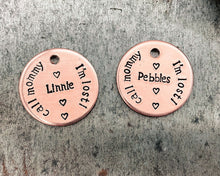 Load image into Gallery viewer, Cute dog id tag with 'I'm lost', handstamped pet id tag with up to 2 phone numbers or microchipped