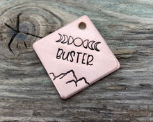 Load image into Gallery viewer, Small dog id tag, square pet tag hand stamped with moon phase design and mountains