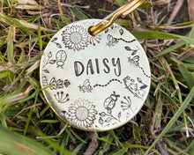 Load image into Gallery viewer, Flower dog tag, hand stamped pet id tag with cute flower and bee design