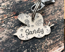 Load image into Gallery viewer, Bee dog id tag, bee shaped pet tag double-sided with phone number, hand stamped with flowers and bees
