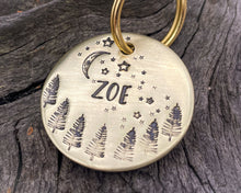 Load image into Gallery viewer, Tree dog tag, hand-stamped with moon and stars