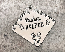 Load image into Gallery viewer, Cute Christmas dog tag, hand stamped square Santa's Helper pet id tag with 2 phone numbers