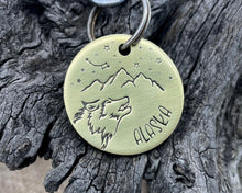Load image into Gallery viewer, Dog id tag, hand stamped with wolf head, mountains & star design