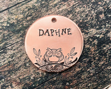 Load image into Gallery viewer, Large dog id tag, hand stamped with grumpy owl
