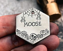 Load image into Gallery viewer, Hexagon dog tag, hand stamped with spooky Halloween design