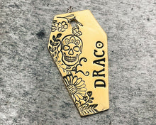 Load image into Gallery viewer, Coffin dog id tag with sugar skull and flower design, double-sided pet id tag with 2 phone numbers