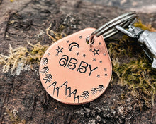 Load image into Gallery viewer, Small dog tag, tear drop pet id tag with mountain and tree design, 2 phone numbers