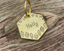 Load image into Gallery viewer, Christmas hexagon dog tag, hand stamped with holly and Christmas baubles