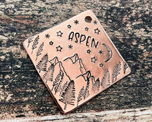 Load image into Gallery viewer, Square dog id tag, hand stamped with mountains, trees, moon & stars