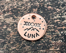 Load image into Gallery viewer, Personalized cat name  tag, hand stamped cat tag with mountains and moon phase design, 1 phone number