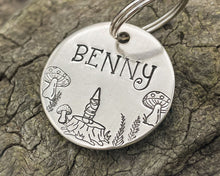 Load image into Gallery viewer, Cute dog id tag with mushrooms and cute gnome on a tree stump